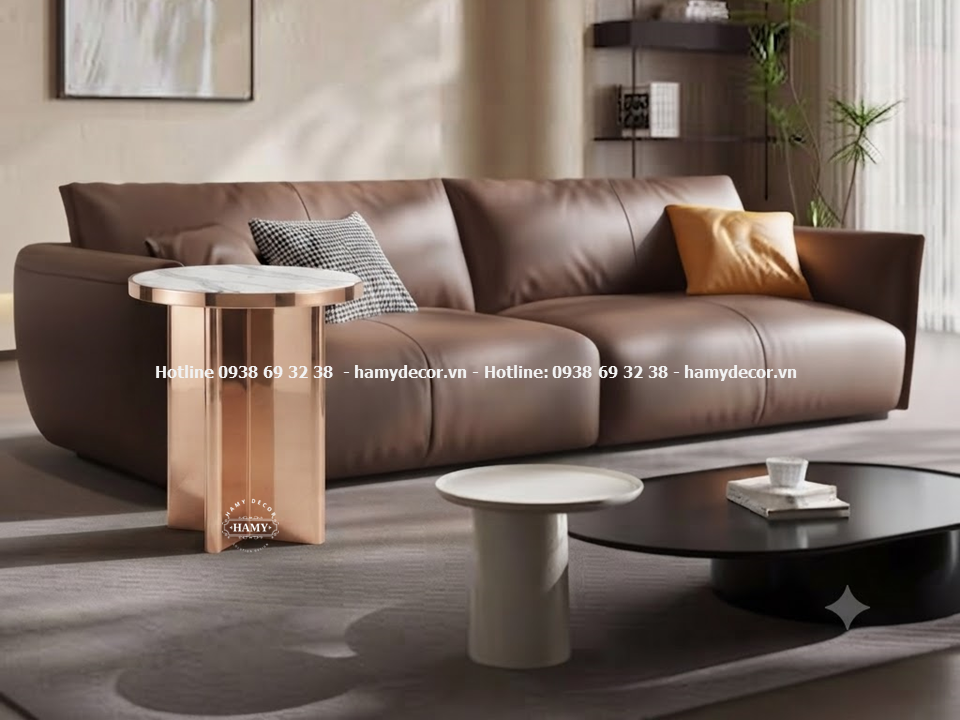 Bàn góc sofa ( bàn phụ sofa) chân inox hồng gương