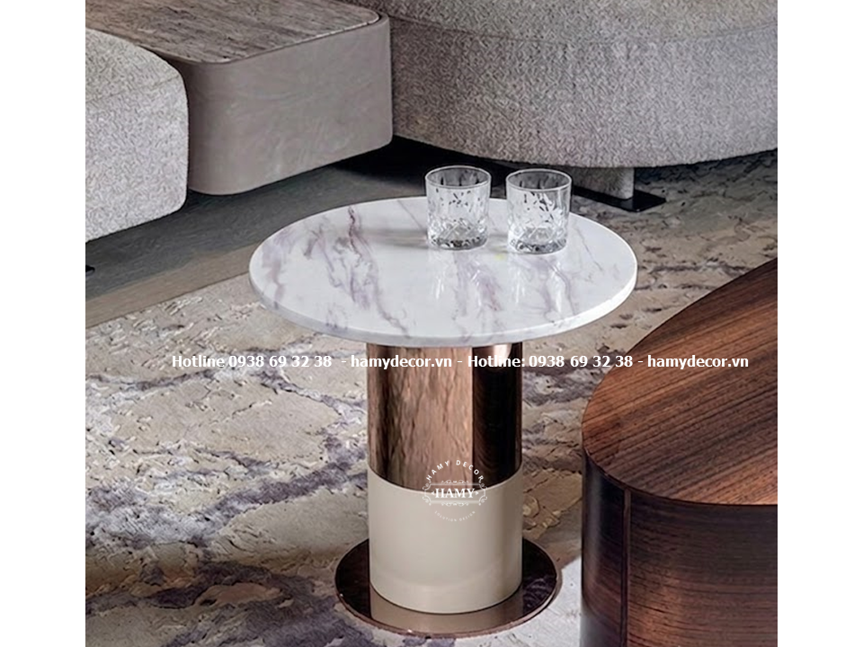Bàn tab sofa inox trụ tròn vàng hồng mặt đá trắng vân mây