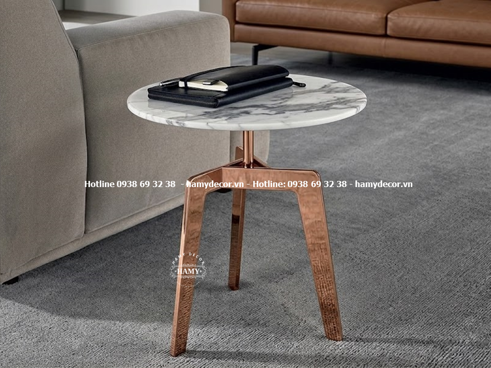 Bàn tab sofa tròn inox mạ vàng mặt đá marble