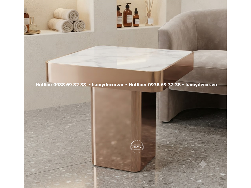 Tab sofa khung chân inox mạ vàng hồng thân trụ lớn dạng khối hộp bo góc