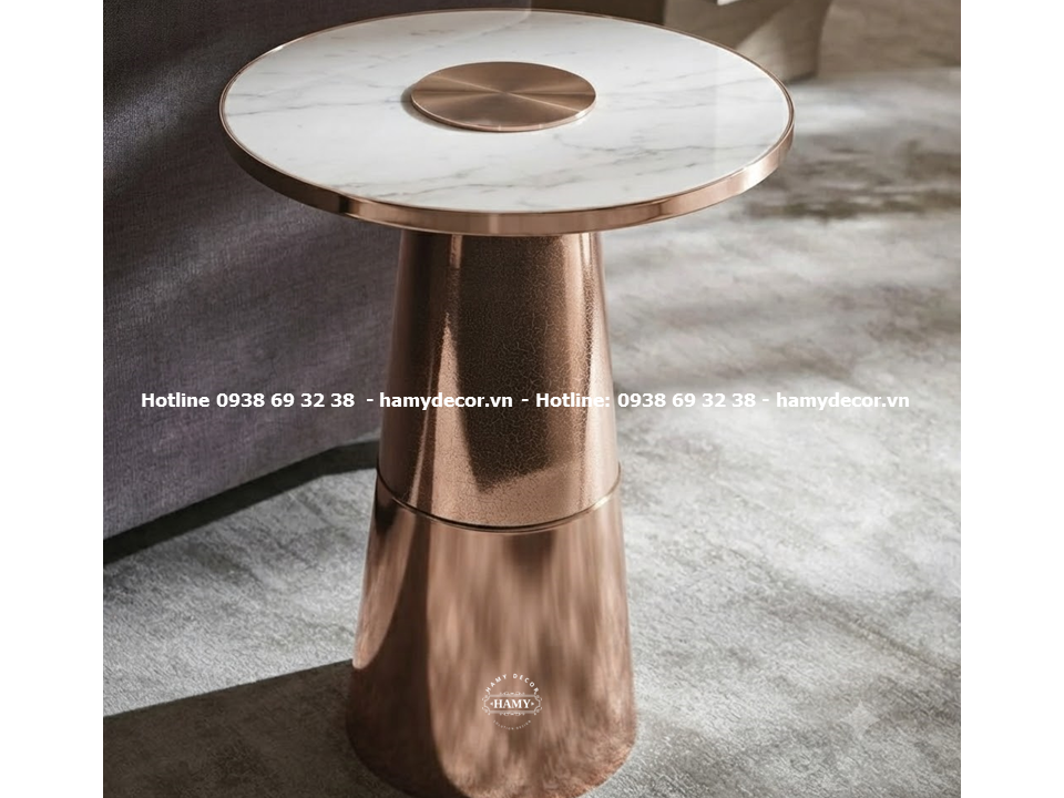  Tab sofa inox mạ vàng hồng kết hợp mặt đá trắng vân mây (kiểu dáng trụ chóp)