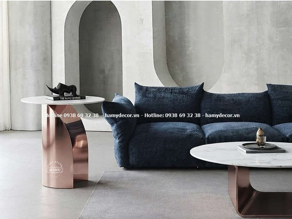 Tab sofa inox hồng bóng gương mặt đá tròn