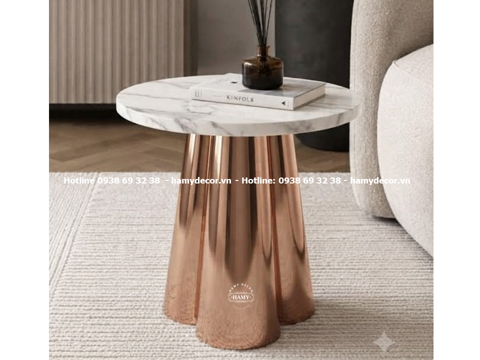 Tab sofa/Bàn góc trang trí inox vàng hồng, mặt đá trắng vân mây