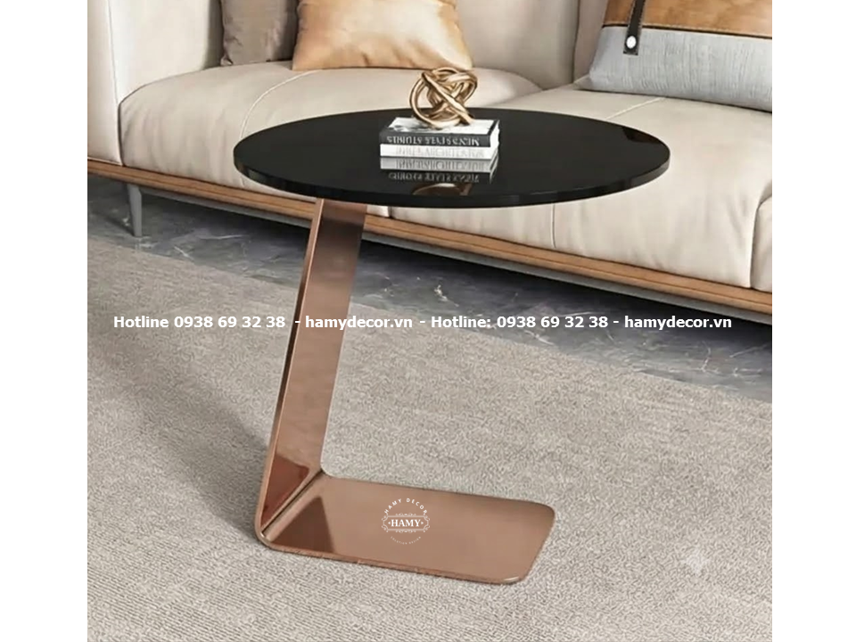 Tab sofa inox vàng hồng, mặt bàn kính 10mm cường lực sơn đen (phiên bản thiết kế khung chữ C góc cạnh độc đáo)