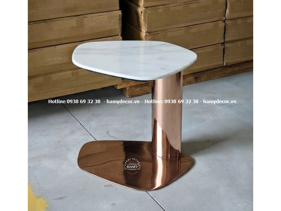 Tab sofa inox vàng hồng với Thiết kế hình dáng và Hình khối độc đáo Mặt bàn và chân đế hình viên sỏi uốn lượn