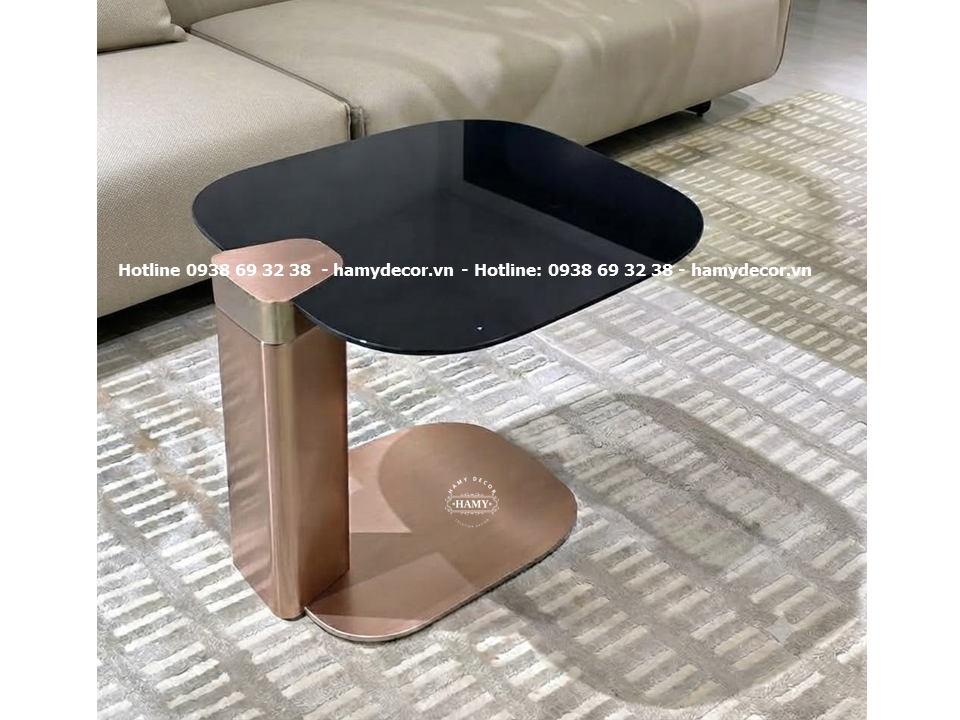 Tab sofa inox vàng hồng xước phủ chống vân tay, kết hợp mặt bàn kính 10mm cường lực sơn đen