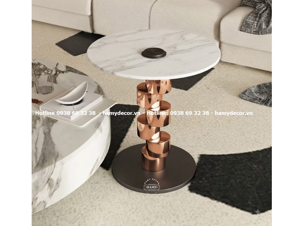 Bàn tab sofa chân trụ inox vàng đồng hồng thiết kế kiểu xoắn ốc