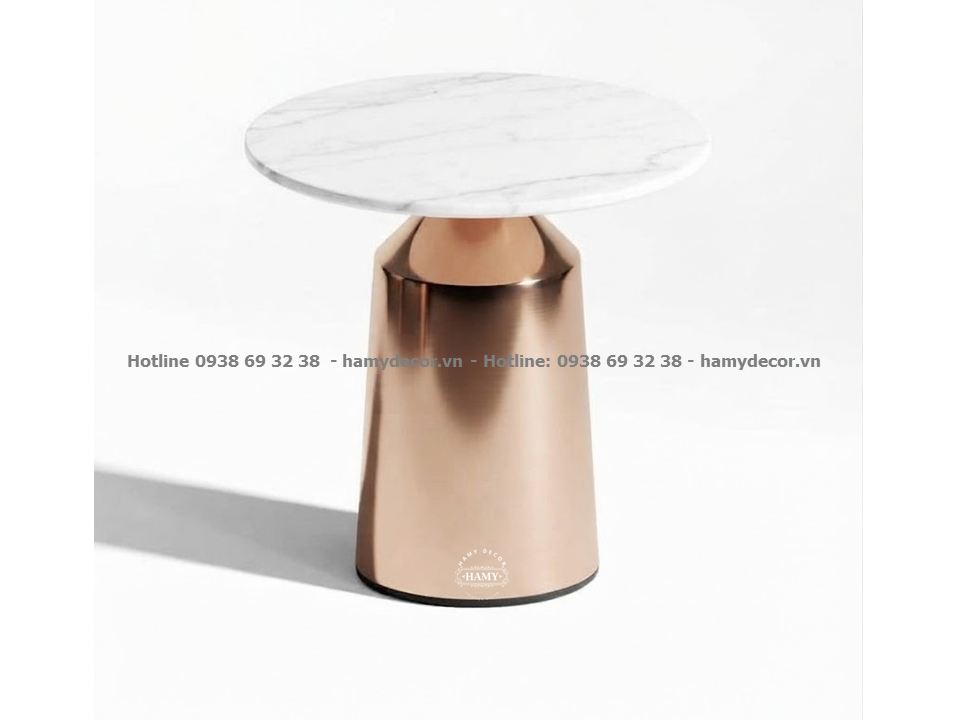 Tab sofa inox vàng hồng, mặt bàn đá trắng vân mây (phiên bản chân trụ loe khối trụ nguyên khối