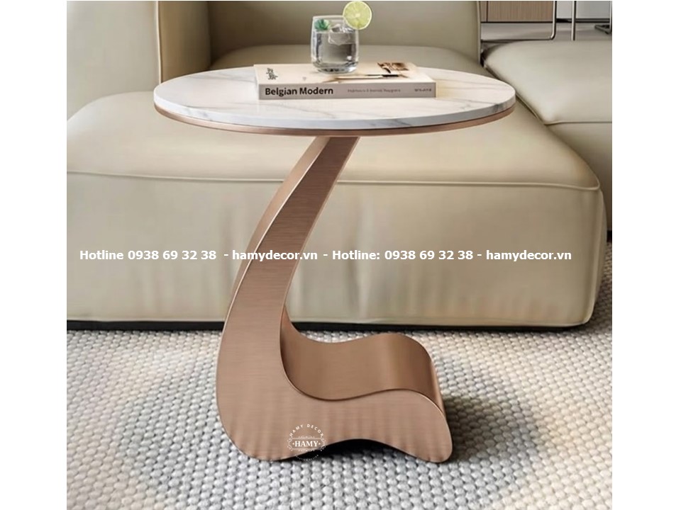 Tab sofa ( bàn góc/bàn trà nhỏ) inox hồng xước, mặt bàn đá trắng vân mây