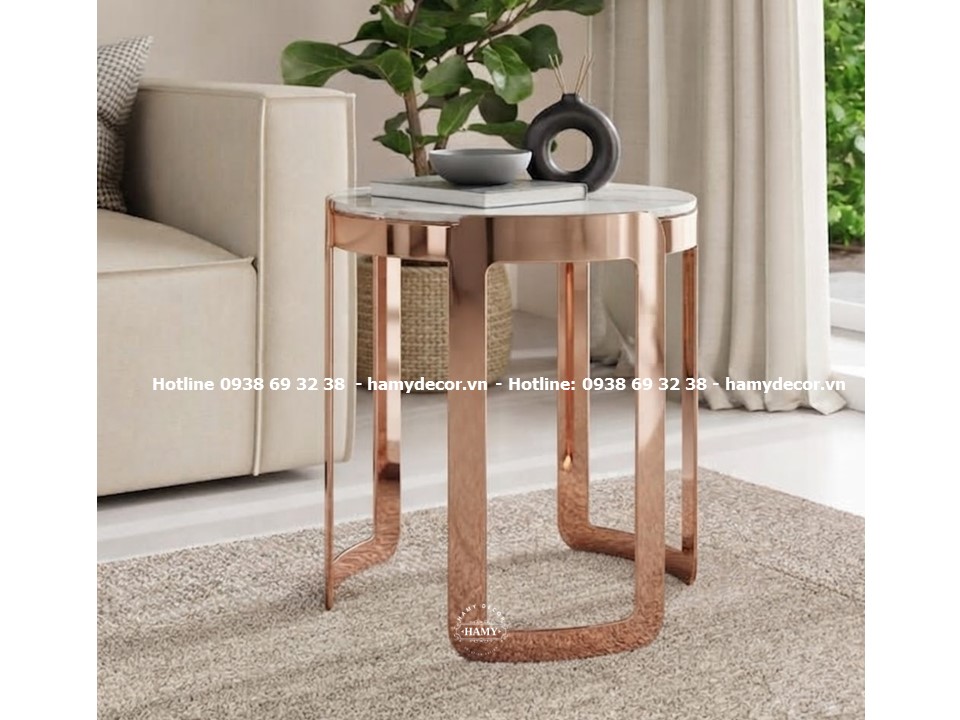 Bàn cạnh bên sofa, tab sofa inox đồng hồng với Thiết kế các thanh chân uốn cong