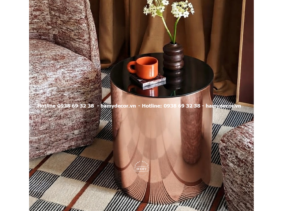Tab sofa inox vàng hồng, mặt bàn kính 10mm cường lực sơn đen (phiên bản chân trụ tròn nguyên khối bóng gương)
