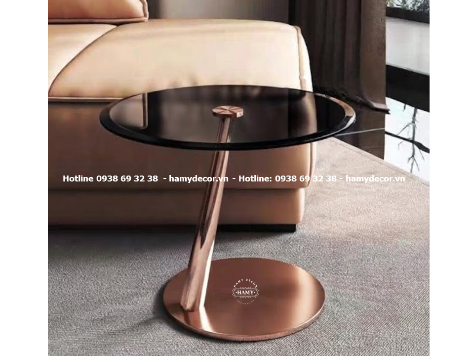Tab sofa chân trụ inox vàng hồng mặt kính đen nghệ thuật